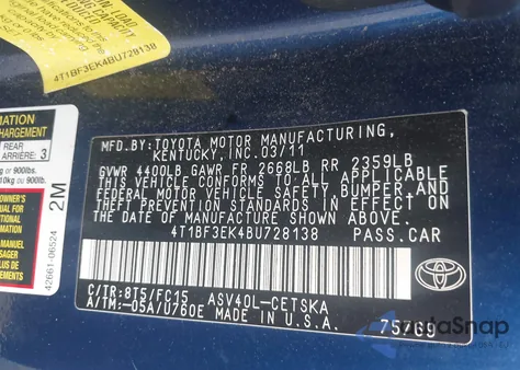 2011 Toyota Camry Se z USA, uszkodzony, nr VIN 4T1BF3EK4BU728138